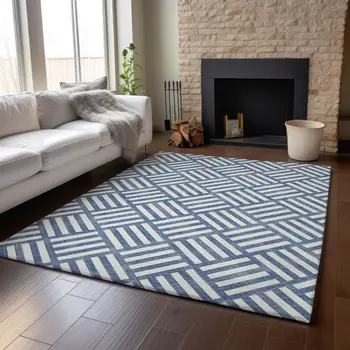 3' X 5' Navy Blue And Ivory Geometric Washable Area Rug With UV Protection