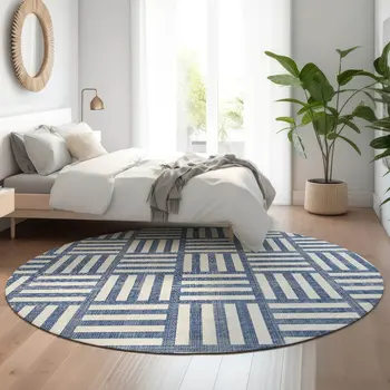 8' Navy Blue And Ivory Geometric Washable Round Rug With UV Protection