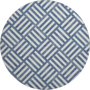 8' Navy Blue And Ivory Geometric Washable Round Rug With UV Protection