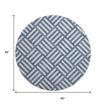 8' Navy Blue And Ivory Geometric Washable Round Rug With UV Protection