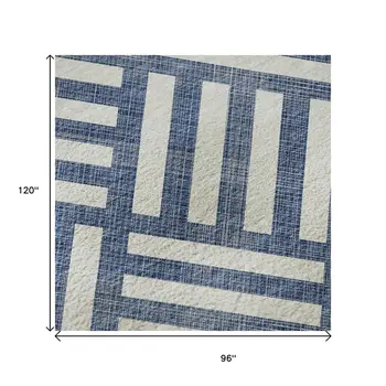 8' X 10' Navy Blue And Ivory Geometric Washable Area Rug With UV Protection