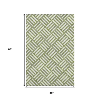 3' X 5' Olive Green And Ivory Geometric Washable Area Rug With UV Protection