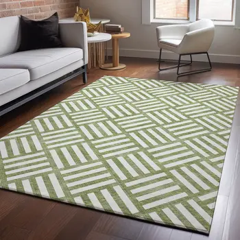 5' X 8' Olive Green And Ivory Geometric Washable Area Rug With UV Protection
