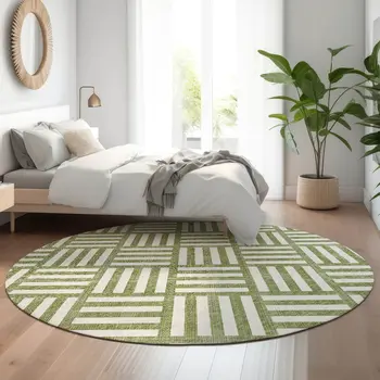 8' Olive Green And Ivory Geometric Washable Round Rug With UV Protection