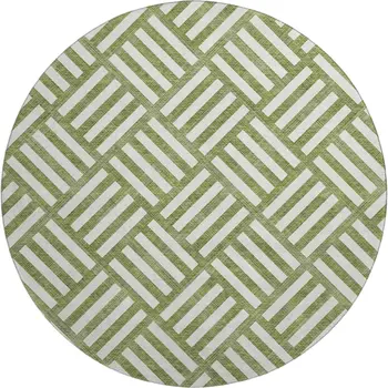 8' Olive Green And Ivory Geometric Washable Round Rug With UV Protection
