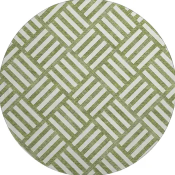 8' Olive Green And Ivory Geometric Washable Round Rug With UV Protection