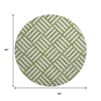 8' Olive Green And Ivory Geometric Washable Round Rug With UV Protection