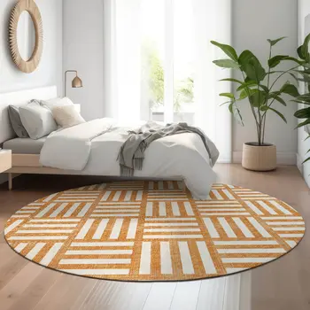8' Orange And Ivory Geometric Washable Round Rug With UV Protection