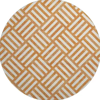 8' Orange And Ivory Geometric Washable Round Rug With UV Protection