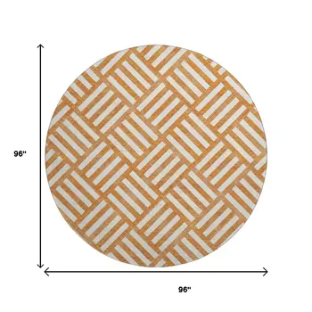 8' Orange And Ivory Geometric Washable Round Rug With UV Protection