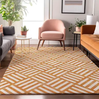 10' X 14' Orange And Ivory Geometric Washable Area Rug With UV Protection