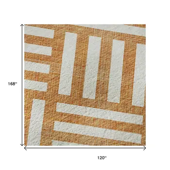 10' X 14' Orange And Ivory Geometric Washable Area Rug With UV Protection