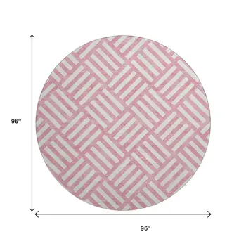 8' Pink And Ivory Geometric Washable Round Rug With UV Protection