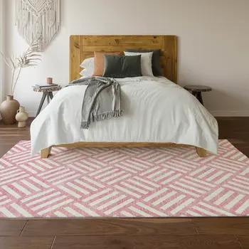 8' X 10' Pink And Ivory Geometric Washable Area Rug With UV Protection