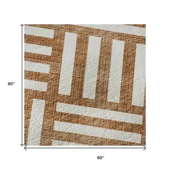 5' X 8' Chili Red And Ivory Geometric Washable Area Rug With UV Protection