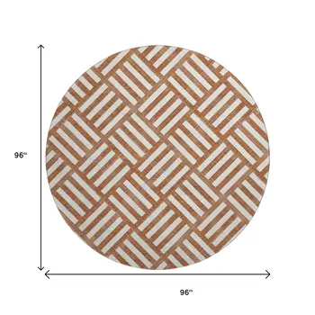 8' Chili Red And Ivory Geometric Washable Round Rug With UV Protection