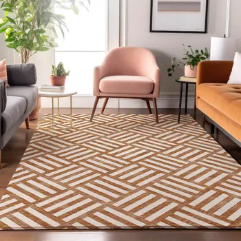 9' X 12' Chili Red And Ivory Geometric Washable Area Rug With UV Protection