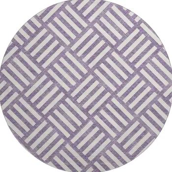 8' Purple And Ivory Geometric Washable Round Rug With UV Protection