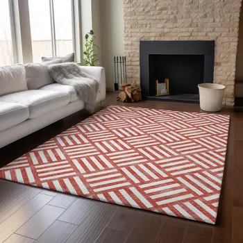 3' X 5' Red And Ivory Geometric Washable Area Rug With UV Protection