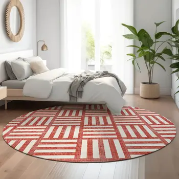 8' Red And Ivory Geometric Washable Round Rug With UV Protection