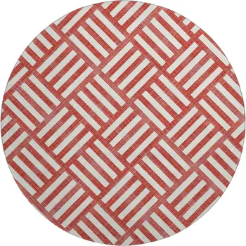 8' Red And Ivory Geometric Washable Round Rug With UV Protection