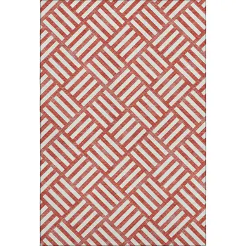 8' X 10' Red And Ivory Geometric Washable Area Rug With UV Protection