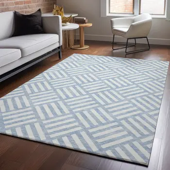 3' X 5' Sky Blue And Ivory Geometric Washable Area Rug With UV Protection