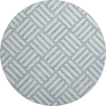 8' Sky Blue And Ivory Geometric Washable Round Rug With UV Protection