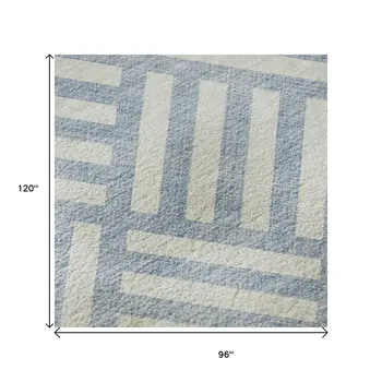 8' X 10' Sky Blue And Ivory Geometric Washable Area Rug With UV Protection