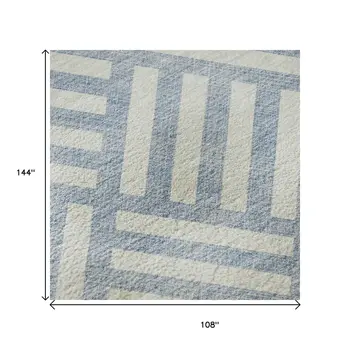 9' X 12' Sky Blue And Ivory Geometric Washable Area Rug With UV Protection