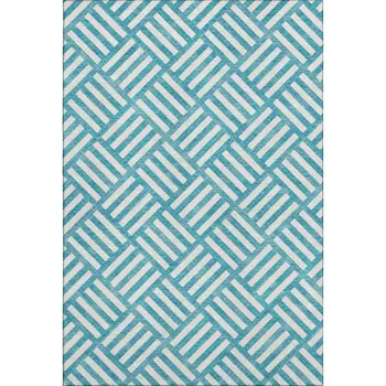 3' X 5' Teal And Ivory Geometric Washable Area Rug With UV Protection
