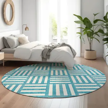 8' Teal And Ivory Geometric Washable Round Rug With UV Protection