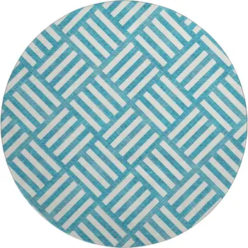 8' Teal And Ivory Geometric Washable Round Rug With UV Protection