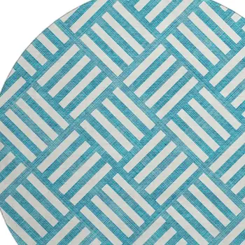 8' Teal And Ivory Geometric Washable Round Rug With UV Protection
