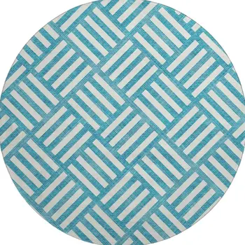 8' Teal And Ivory Geometric Washable Round Rug With UV Protection