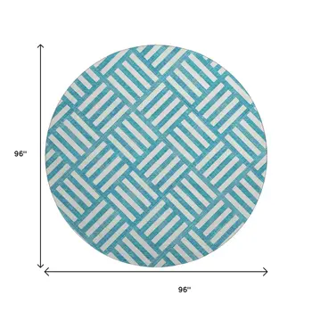 8' Teal And Ivory Geometric Washable Round Rug With UV Protection