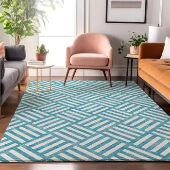 10' X 14' Teal And Ivory Geometric Washable Area Rug With UV Protection