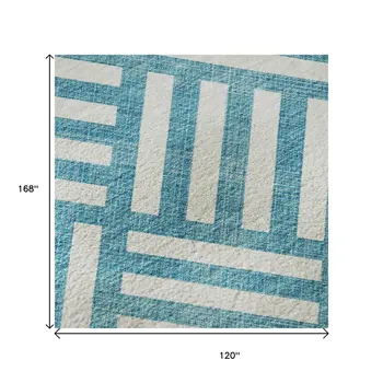 10' X 14' Teal And Ivory Geometric Washable Area Rug With UV Protection