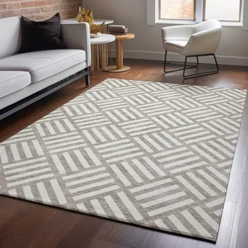 3' X 5' Taupe And Ivory Geometric Washable Area Rug With UV Protection