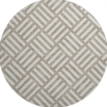 8' Taupe And Ivory Geometric Washable Round Rug With UV Protection