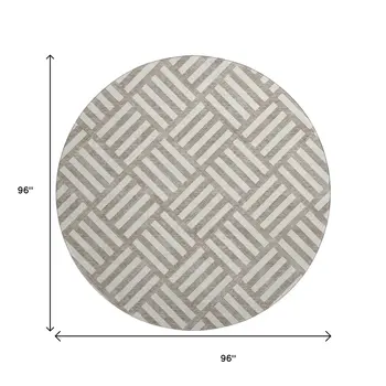 8' Taupe And Ivory Geometric Washable Round Rug With UV Protection
