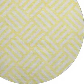 8' Yellow And Ivory Geometric Washable Round Rug With UV Protection
