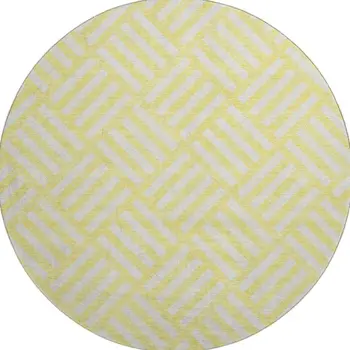 8' Yellow And Ivory Geometric Washable Round Rug With UV Protection