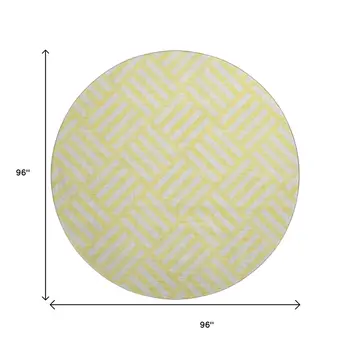 8' Yellow And Ivory Geometric Washable Round Rug With UV Protection