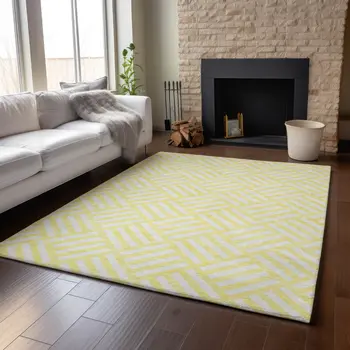 8' X 10' Yellow And Ivory Geometric Washable Area Rug With UV Protection