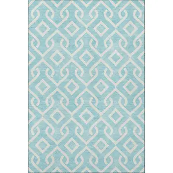 3' X 5' Aqua And Ivory Geometric Washable Area Rug With UV Protection