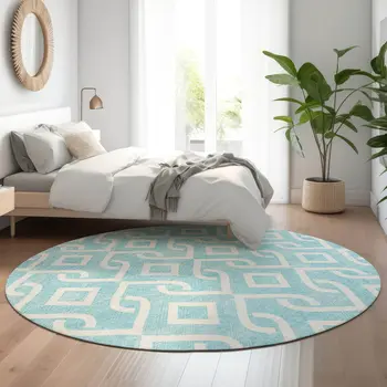 8' Aqua And Ivory Geometric Washable Round Rug With UV Protection