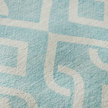 8' Aqua And Ivory Geometric Washable Round Rug With UV Protection