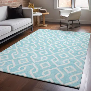 8' X 10' Aqua And Ivory Geometric Washable Area Rug With UV Protection