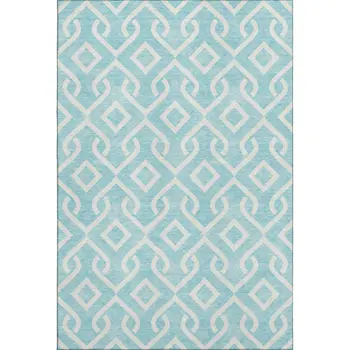 8' X 10' Aqua And Ivory Geometric Washable Area Rug With UV Protection